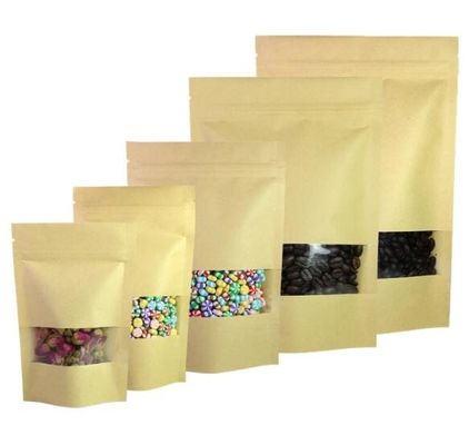 Stand Up Doypack Heat Seal Brown Kraft Paper Packaging Bags Multi Size With Matte Window