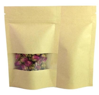 Stand Up Doypack Heat Seal Brown Kraft Paper Packaging Bags Multi Size With Matte Window